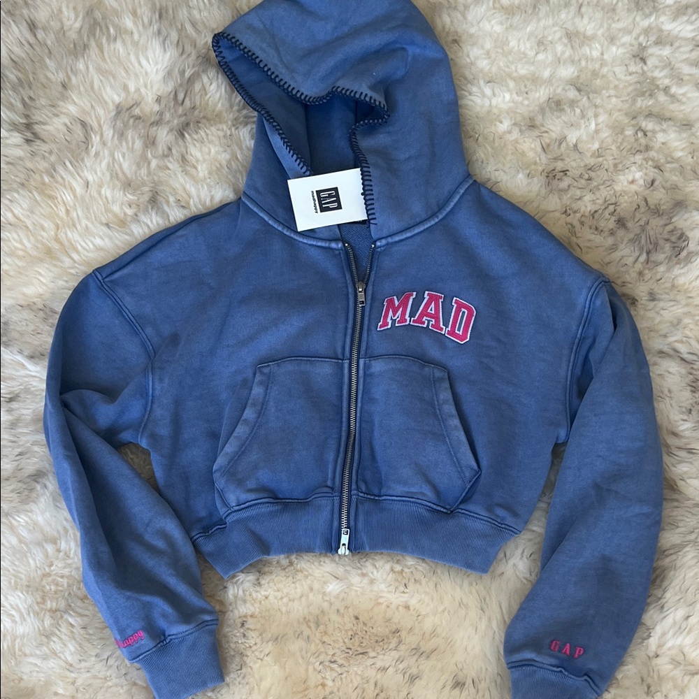 GAP Mad happy collab Cropped Zip Hoodie with Pink 'MAD' Applique S